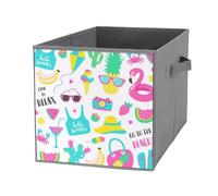 1 PCSquare Oxford Cloth Storage Basket Bin Foldable Organizer with Handles, Waterproof Laundry Hamper 10.6"x10.6"x10.6" Print Summer Fruits, Pineapple, Flamingos, Sunglasses Purple Turquoise