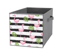 1 PCSquare Oxford Cloth Storage Basket Bin Foldable Organizer with Handles, Waterproof Laundry Hamper 10.6"x10.6"x10.6" Print Tropical Palm Trees Pink Flamingos on White Vertical Stripes