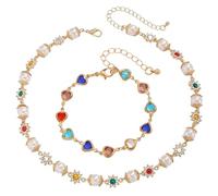 1 Pearl Colored Diamond Flower Necklace and 1 Love Zircon Bracelet, Retro Ele Necklace, Golden Collarbone Chain, Y2K Sweet Style Ornament.