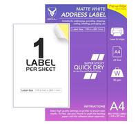 1 Per Page/Sheet, 500 Sheets (500 Sticky Label), iSOUL White Blank Matt Self-Adhesive A4 Address Shipping Labels Stickers, Laser Inkjet Compatible L7167/J8167 Printer Paper, 199.6 X 289.1 mm JAM Free