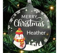 1 Personalised Customised Christmas Xmas Festive Character Choice Penguin Santa Rudolf Polar Bear Snowman Acrylic Bauble Tree Gift Decoration Present 80mm PTS Personalised