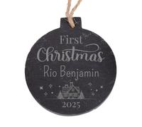 1 Personalised Customised First Christmas Xmas Festive Slate Bauble Tree Gift Decoration Present 70mm PTS Personalised