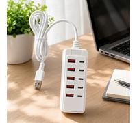 1 Piece 12 Port USB Charging Hub, 6 USB A 6 USB C Multiport Adapter, White | Six USB A and Six USB C Ports, 66W Multi-Device Charging with Attached Cable for Phones, Tablets, Earbuds and USB Accessories