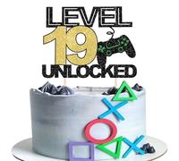 1 Piece 19 Video Game Cake Decoration Glitter Gaming Level Unlocked 19th Birthday Cake Decoration Game Consoles Cake Topper for Boys Girls Game Console Theme Birthday Party Cake Topper