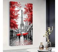 1 Piece 40x80cm Paris Eiffel Tower and Red Autumnal Leaves Canvas Wall Art, Canvas Paintings, Poster and Prints, Wall Picture for Living Room, Bedroom, Dining Room, Office（with Inner frame）