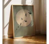 1 Piece 50x70cm Abstract Sun and Flying Birds Canvas Wall Art, Green Japandi Art Sage Bedroom Pictures, Posters and Prints, Wall Painting for Living Room（with Inner frame）