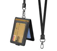1 Piece Badge Holder with Lanyard ID Card Holder, PU Leather Vertical Badge Holders, Holder Protection Sleeves for Business, Student, Bus, Holds up to 5 Cards (Black)