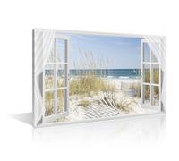 1 Piece Beach Window View Wall Art Sea Beach Prints on Canvas Landscape of Reed Ocean Beach Wall Decor Living Room House Decor Giclee Print Gallery Packaging Artwork Ready to Hang (16" Wx24 H)