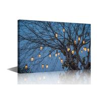 1 Piece Big Tree Wall Art Tree of Life Pictures Print On Canvas Night Scene Modern Artwork Light Up Wall Art for Living Room Office Giclee Gallery Wrapped Posters Framed Ready to Hang, 24x16in