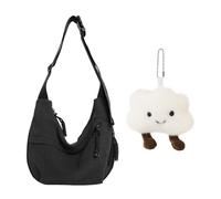 1 Piece Black Corduroy Casual Bag, 1 Piece Plush Cloud Hanging Decoration, Large Capacity, Adjustable Shoulder Straps, Fashionable One-Shoulder Crossbody Bag.