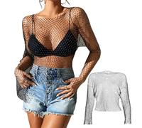 1 Piece Black Mesh Blouse, Glitter Rhinestone Long Sleeves, Sexy Transparent Fishnet Blouse, Crystal Crew Neck Blouse, Women’S Tank Top Blouse, Dinner, Party Festive Wear