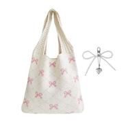 1 Piece Bow Pattern Woven Bag, With 1 Piece Bow Pendant, Cute And Sweet Shoulder Bag, Large-Capacity Beach Bag.
