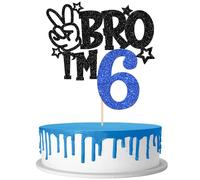 1 Piece BRO I'm 6 Cake Decoration Glitter Happy 6th Birthday Cake Decoration Bro I'm 6 Cake Topper for Cheers to 6 Years Children 6th Birthday Party Cake Decoration Black Blue