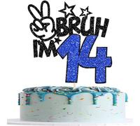 1 Piece BRUH I'm 14 Cake Decoration Happy 14th Birthday Cake Decoration Glitter BRUH I'm 14 Cake Topper for Cheers to 14 Years Children 14th Birthday Party Cake Decoration Black Blue
