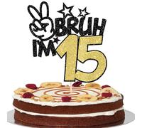 1 Piece BRUH I'm 15 Cake Decoration Glitter BRUH I'm 15 Cake Topper It's My 15th Birthday Cake Decoration for Cheers to 15 Years Children 15th Birthday Party Cake Decoration Black Gold