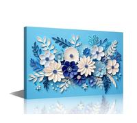 1 Piece Canvas Blue and White Flowers Canvas Wall Art, Wall Paintings for Living Room Blue Background, Wall Art for Bathrooms Minimalism Modern Aesthetics Picture Framed Art Ready to Hang 16x24inch