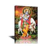 1 Piece Canvas Wall Art Lord Krishna Wall Painting Krishna Bansuri Cow Pictures for Bedroom Indian God Home Decorations for Living Room and Bathroom Framed Stretched Ready to Hang (12''Wx 18''H)