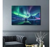 1 Piece Canvas Wall Art Scenery Prints on Canvas Tourist Looking at the Northern Lights in a Snowy Landscape Painting for Bedroom Living Room Bathroom Framed Painted 60x90cm
