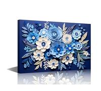 1 Piece Canvas Wall Decor Posters and Prints Blue and White Flowers Wall Decor for Bedroom Blue Background Print on Canvas Minimalism Modern Home Art Wall Decor Framed Ready to Hang 16x24inch