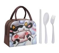 1-Piece Cartoon Cow Lunch Box Bag and 3-Piece Tableware Set, Waterproof Large-Capacity Lunch Box Bag, Cute Insulated Lunch Box Bag, Children's Portable Lunch Box Bag