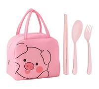 1 Piece Cartoon Pig Lunch Bag and 3 Pieces of Tableware, Cute Lunch Bag, Portable Lunch Box, Large Capacity Lunch Box Bag, Waterproof and Insulated Lunch Box Bag