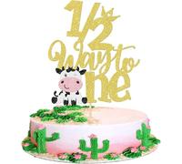 1 Piece Cow 1/2 Half Way to One Cake Topper Glitter Cow Happy 1/2 Birthday Cake Decoration Happy 6 Months Cake Decoration for Baby Shower Children Half Birthday Party Cake Decoration Gold