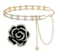 1 Piece Double-Layer Metal Chain Belt And 1 Piece Camellia Brooch, Dress Belt, Ele Suit Pin, Stylish Clothing Accessories.