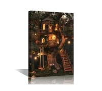 1 Piece Fantasy Wall Art Decor Painting on Canvas Vintage Tree House Pictures for Home Walls Forest Office Wall Art Framed Modern Artwork for Living Room Bedroom, 24x16in