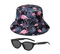 1 Piece Flamingo Fishing Hat, 1 Piece Sunglasses, Women's Sun Hat, Girls Summer Hat, Women's Sun Protection Sun Hat Black