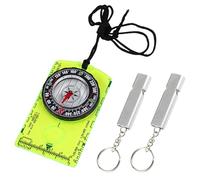 1 Piece Fluorescent Green Compass and 2 Pieces Silver Whistle, Outdoor Accessories, Hiking Compass, Mini Compass, Camping Gear, Kids Compass, Portable Compass