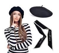 1 Piece French Beret with 1 Silk Scarf, Beanie Hat for Women, Retro Winter Hat, Soft and Lightweight, Fashion Accessory Jewelry, Suitable for Friends Gathering, Party Decoration (Black)