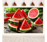1 piece fresh and juicy watermelon slices arranged on a wooden table with a vibrant background cloth