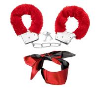 1 Piece Furry Handcuffs, 1 Piece Silk Strap Blindfold, Adult Role Play Toy Set, Dress up Accessories for Parties, Role Play, Home and Travel (Red)