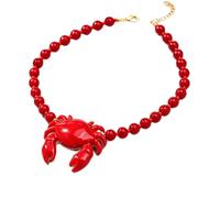 1-Piece Glossy Red Round Beaded Necklace with 3D Red Crab Pendant - Cute Tropical Ocean Beach Summer Statement Jewelry for Women
