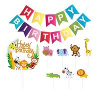 1 Piece Happy Birthday Animal Cake Insert, 14 Pieces Forest Animal Cake Insert, 1 Piece Happy Birthday Pull Flag, Happy Birthday Cake Decoration, Jungle Party Decoration, Boy Birthday Decoration