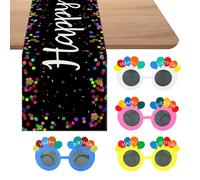 1 Piece Happy Birthday Tablecloth with 4 Pieces Balloon Glasses, Birthday Party Decoration, Linen Tablecloth, Birthday Party Decoration Table Runner, Photo Props, Funny Birthday Glasses