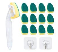 1 Piece Long-Handled Pot Brush with 12 Sponge Heads, 2 Pieces Transparent Hooks, Kitchen Cleaning Sponge Brush, Dishwashing Brush with Detergent Dispenser, Sponge Cleaning Tool