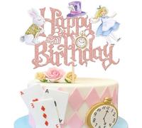 1 Piece Magic Alice Happy Birthday Cake Topper Glitter Eat Me Magic Cake Decoration Hat Bunny Clock Fairy Cake Decoration for Magic Alice Theme Baby Shower Birthday