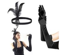1 piece of black bead feather headdress, with 1 pair of long black gloves, stage performance hair accessories, role-playing headdress, black ladies retro costume accessories