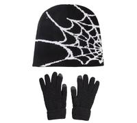 1 Piece Of Black Spider Web Knitted Hat, 1 Pair Of Black Gloves, Warm And Cold-Proof Headgear, Men'S Y2K Style Hat, Touch-Screen Riding Gloves.