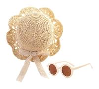 1 Piece of Children's Straw Hat, 1 Pair of Sunglasses, Soft Straw Hat, Lace Straw Hat, Cute and Sweet Straw Hat with Bow Decoration, Summer Beach Hat Off-White