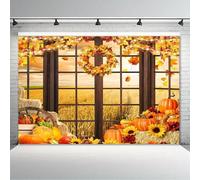 1 piece of chloroplast autumn background cloth - Thanksgiving with pumpkin sunflower wheat field and maple leaf design