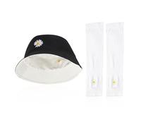 1 Piece of Double-Sided Daisy Fisherman Hat, 1 Pair of Sleeves, Ladies Fisherman Hat, Women's Sun Hat, Outdoor Sun Hat Black Beige