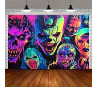 1 piece of horror themed background cloth with neon skull and terrifying clown and zombie portraits 440x300CM