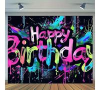 1 piece of neon "Happy Birthday" banner photography background. It is a party decoration with colorful and splashed