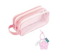 1 Piece of Pink Transparent Pencil Case and 1 Piece of Keychain, Large-Capacity Mesh Pencil Case, Student Stationery Storage Accessories, Suitable for Students' Daily Use, Exam Scenes.