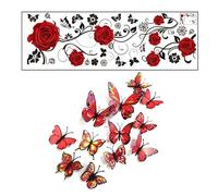 1 Piece of Rose Wall Sticker and 12 Pieces of Decorative Butterfly, Home Decoration, Ele Wall Sticker, Suitable for Living Room, Bedroom, Corridor, Etc.