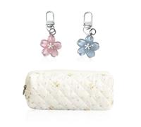 1 Piece of White Floral Pencil Case, 2 Pieces of Cherry Blossom Keychain, Portable Travel Toiletry Bag, Cosmetic Storage Bag, Bag Decoration Pendant.