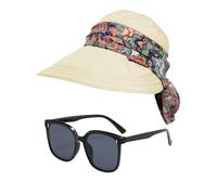 1 Piece of Women's Hat, 1 Piece of Sunglasses, Women's Sun Hat with Neck Cover, Women's Foldable Sun Hat, Outdoor Uv Protection Hat Beige