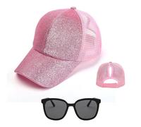 1 Piece Pink Baseball Cap, 1 Piece Sunglasses, Women'S Breathable Hat, Sequin Hat, Outdoor Sun Hat